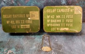 World War II -  Delay Capsule  metal storage tin, No.42 MK II Fuse;  No. 848 MK I Fuse;  No.848 MK