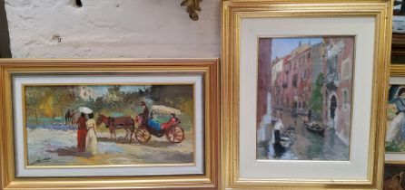 R Martini?, Italian School, The Carriage, signed, oil on board, 19cm x 38.5cm;  another, Venice,