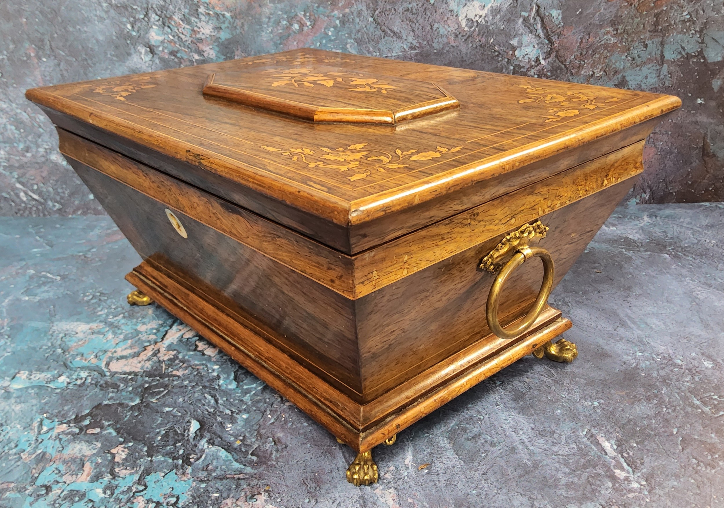 A 19th century sarcophagus mahogany and marquetry sewing box, inlaid with stylised flowers to centre - Image 4 of 9