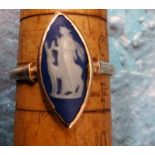 A 9ct gold and Wedgwood ring, set with a navette shaped panel sprigged in white with classical