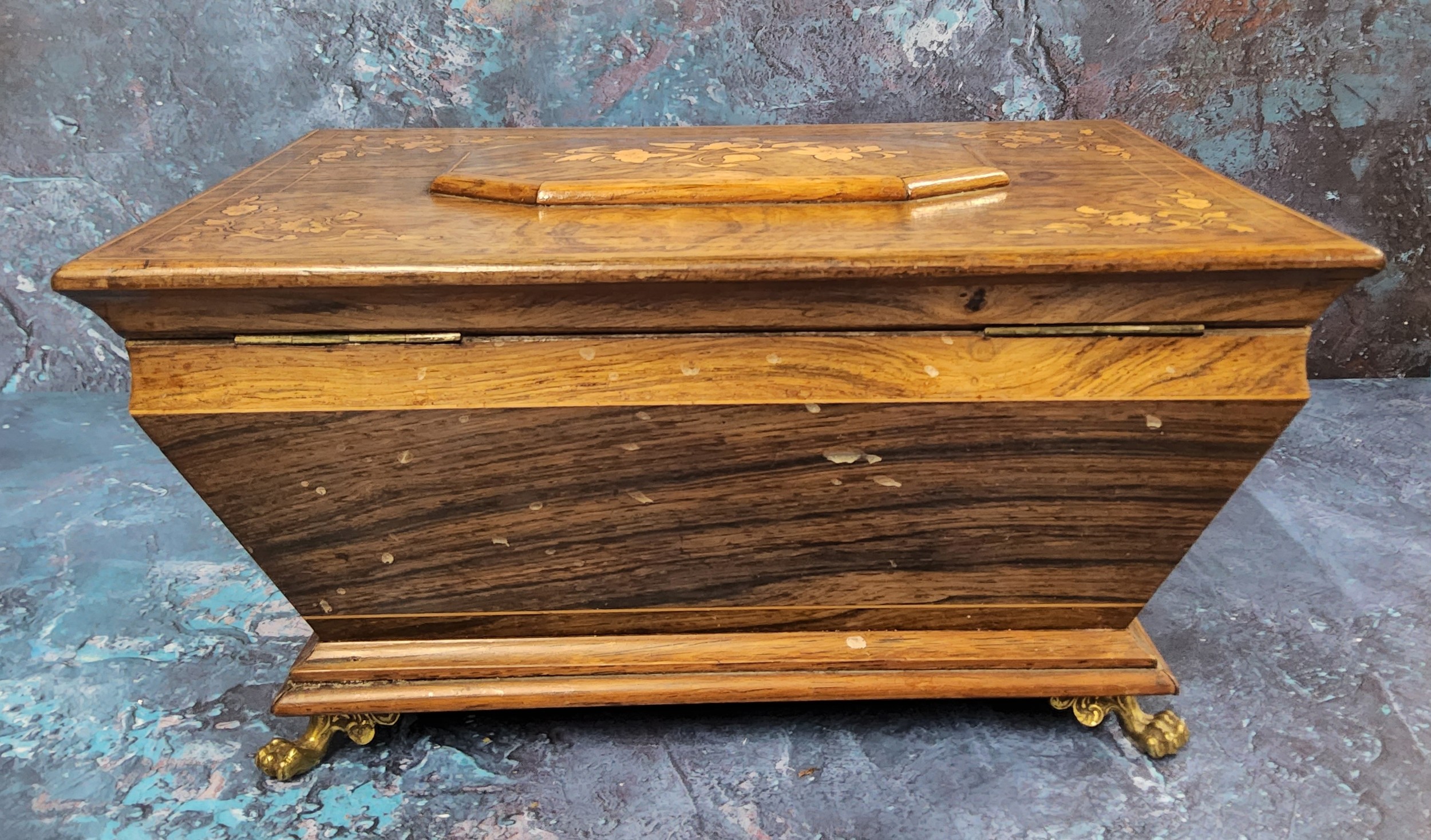 A 19th century sarcophagus mahogany and marquetry sewing box, inlaid with stylised flowers to centre - Image 8 of 9