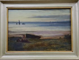 English School, Mother and Children on a Beach, signed with initials, oil on board, 16cm x 24cm