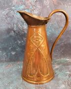 An Arts and Crafts copper copper jug, by Joseph Sankey & Sons, embossed with sinuous lines, 20.5cm