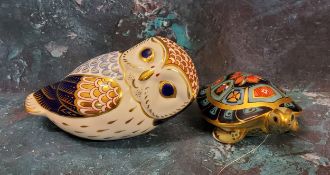 A Royal Crown Derby paperweight, Terrapin, printed mark, gold stopper, boxed;  another, Owl, gold