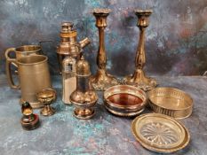 A pair of Sheffield Plate candlesticks, 24cm high, c.1880;  bottle coasters;   cocktail shaker;