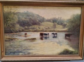 William Ellis Barrington-Browne (1908-1985)  Cattle Watering, signed, oil on canvas, 60cm x 90cm
