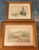 Janet Sheath, The Gardeners Tea Break,  watercolours on ivorine, 5.5cm x 9cm;  another, Bird