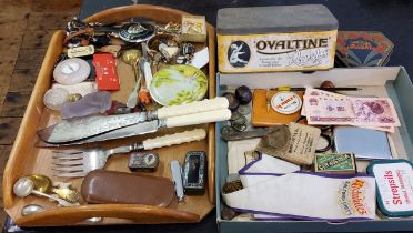 An Ovaltine Rusks tin;  another Mackintosh De Luxe Favourites;  fish servers;  caddy spoon;