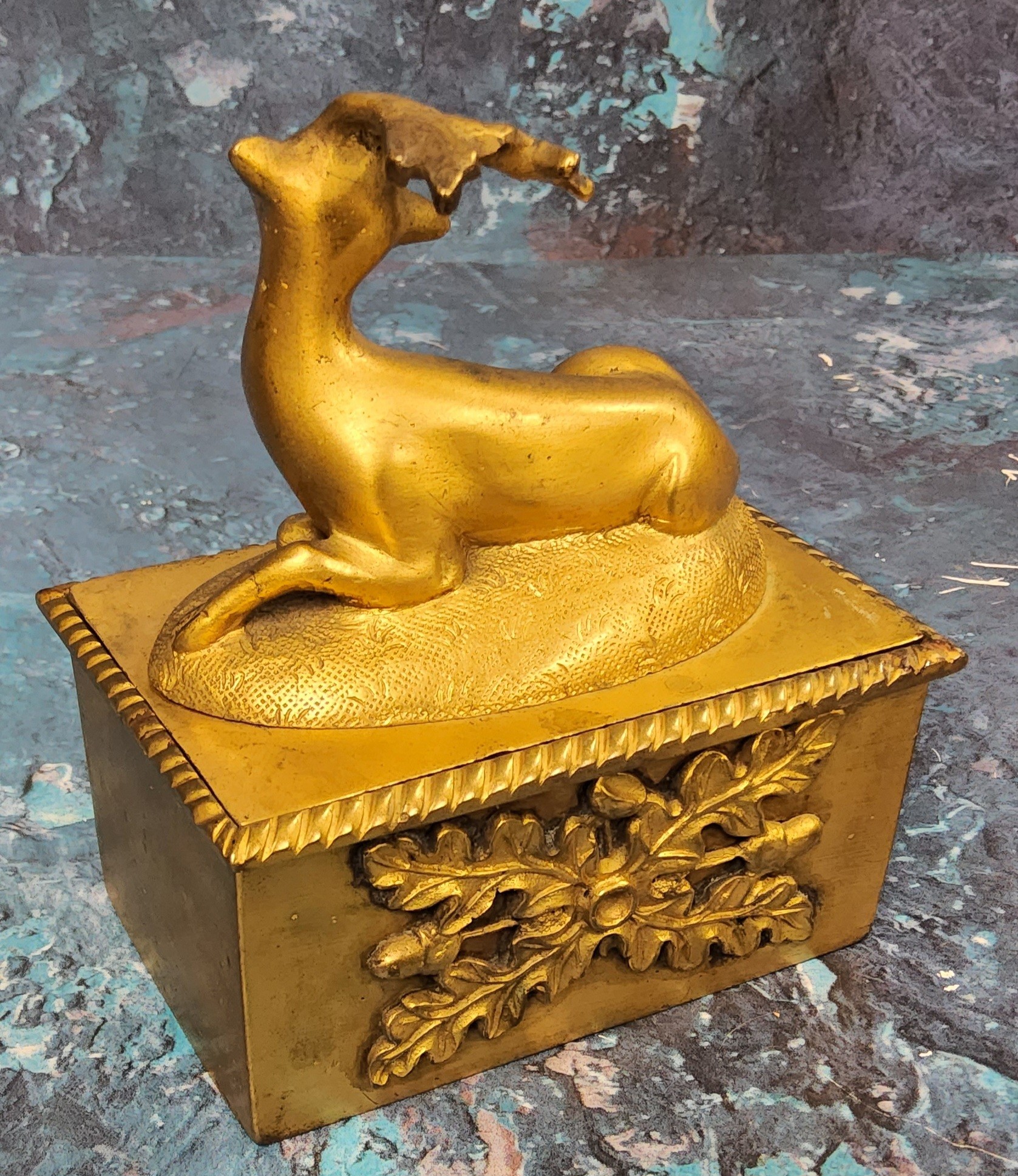 A 19th century gilt bronze rectangular desk box, the cover surmounted with a recumbent stag, the - Image 2 of 5