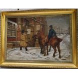 F** Harrison, early 20th century, Outside the Inn, signed, dated 1911, oil on canvas, 34cm x 59cm