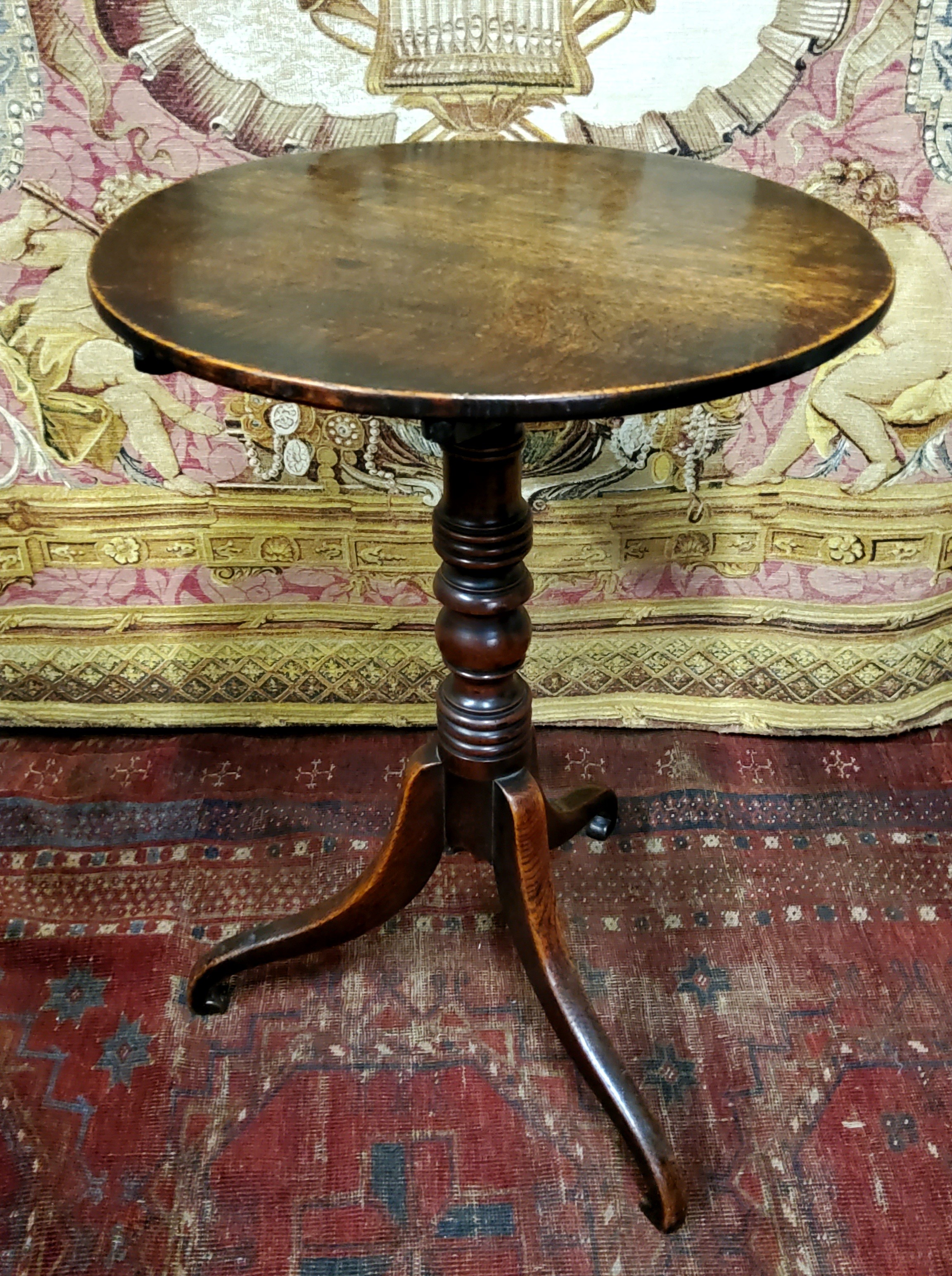 A George III oak tripod occasional table, circular top, tilting on ring turned column, scroll - Image 2 of 3