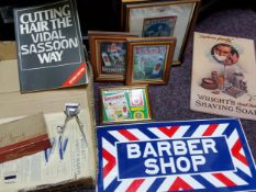 A selection of reproduction barbers related adveritising; Brylcreem, Clemak, Wight's saving soap,