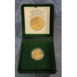 A Royal Mint Elizabeth II proof full sovereign dated 1980, complete with original presentation box
