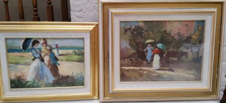 Impressionist School, 20th century, Figures Walking on a Beach, indistinctly signed, oil on board,