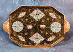 An Ironstone canted rectangular two handled tray, decorated with roundels, lozenges and fan shaped