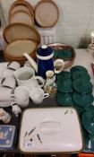 Wedgwood blue jasper trinket dishes;  a German half doll;  Denby Greenwheat tureen and cover;