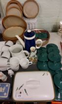 Wedgwood blue jasper trinket dishes;  a German half doll;  Denby Greenwheat tureen and cover;