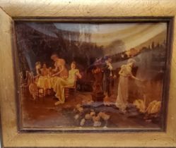 A Victorian crystoleum, of ladies feeding the swans, 19cm x 26cm, framed