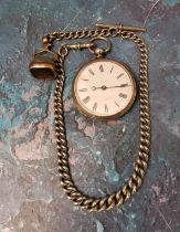 A Victorian silver open faced pedometer/pocket watch, Roman numerals;  Albert chain, seal fob