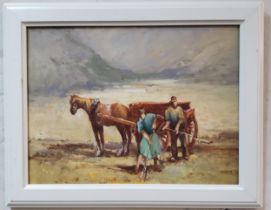 John W Gough, 20th century, Digging for Mussels, signed, oil on board, 29cm x 39cm