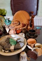 A pair of Sanenwood two handled trays;  teal bowls and candlesticks';  wicker baskets;  studio