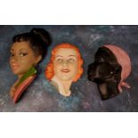 A Czechoslovakia Art Deco wall mask, as a lady with ginger hair,  20cm high;  others, plaster,