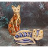 A Royal Crown Derby paperweight, Siamese Cat, gold stopper;  another, Artic Fox, no stopper (2)