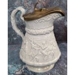 A W Ridgway & Co John Gilpin relief moulded jug, with runaway horse, the verso with tavern, hinged