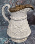 A W Ridgway & Co John Gilpin relief moulded jug, with runaway horse, the verso with tavern, hinged
