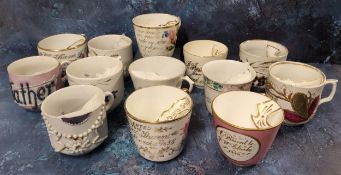 Moustache Cups - a late 19th century cup, inscribed in gilt and painted with roses, c.1890;