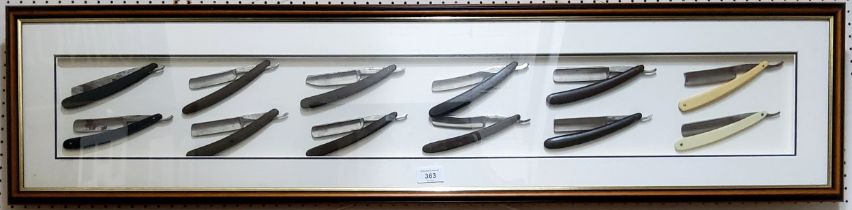 A Framed display of twelve cut throat razors; the Couga 111, Bengali "Extra", Winners "The 1000",