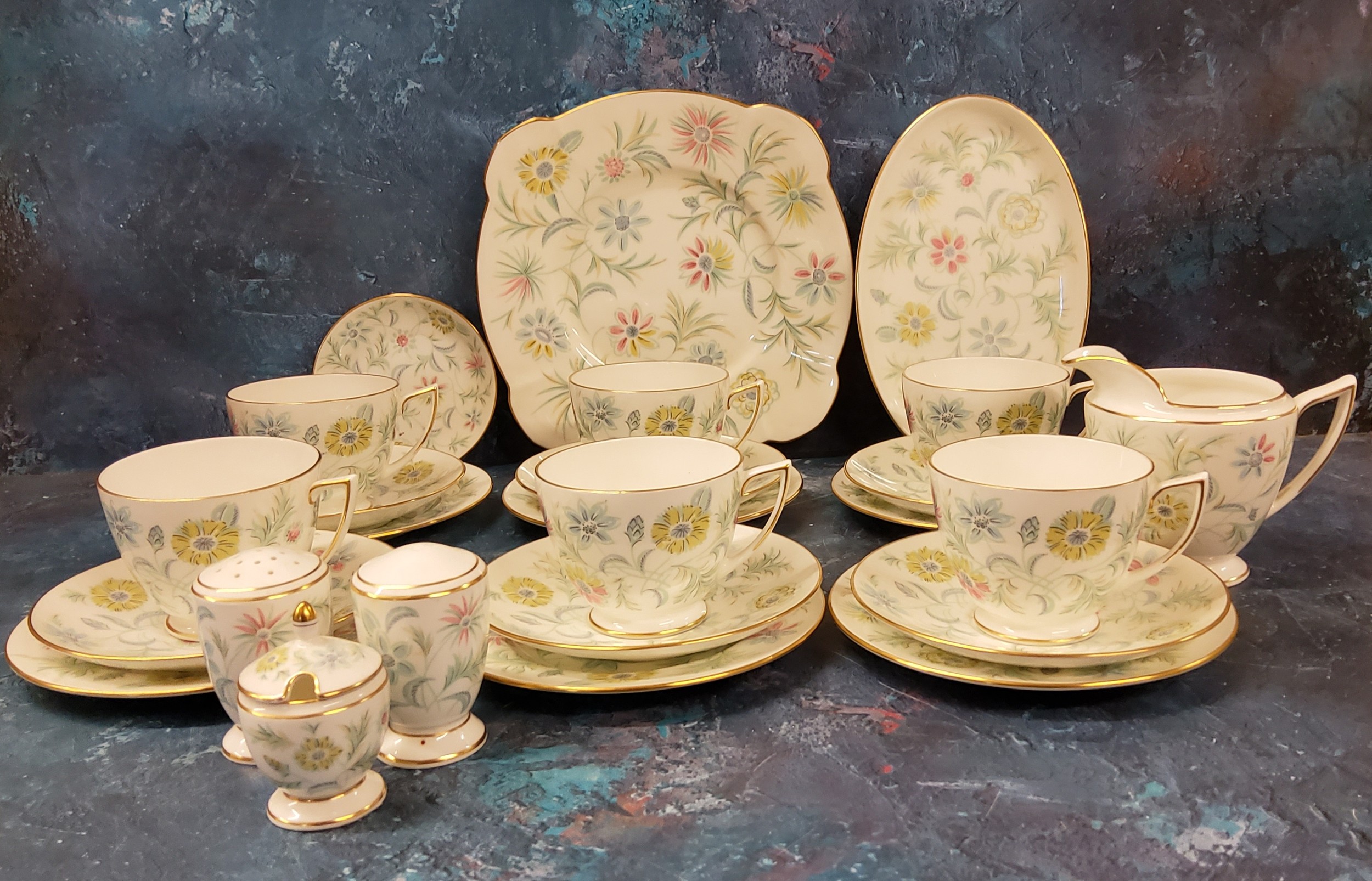 A Mintons Vanessa pattern tea service, for six, printed mark;  a three-piece condiment set