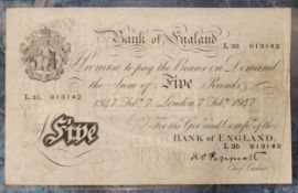 Bank of England Peppiatt white five pound banknote, February 7th 1947 'L35 013142'