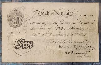 Bank of England Peppiatt white five pound banknote, February 7th 1947 'L35 013142'