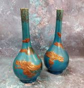 A pair of Japanese satsuma bottle vases, in relief with scrolling dragons on a turquoise ground,