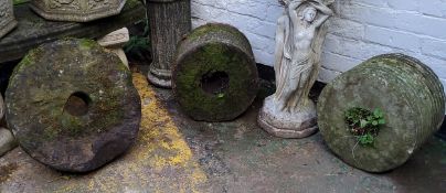Garden Statutory - a Derbyshire gritstone millstone and two gritstone grinding stones (3)