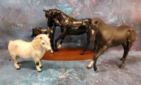 A Royal Doulton model, Black Beauty and Foal,  on wooden plinth;  another, Midnight;  a Royal