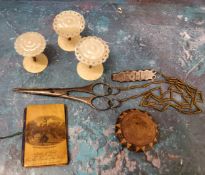 Sewing - three mother-of-pearl and bone cotton reels;  a circular Tunbridge ware pin cushion;