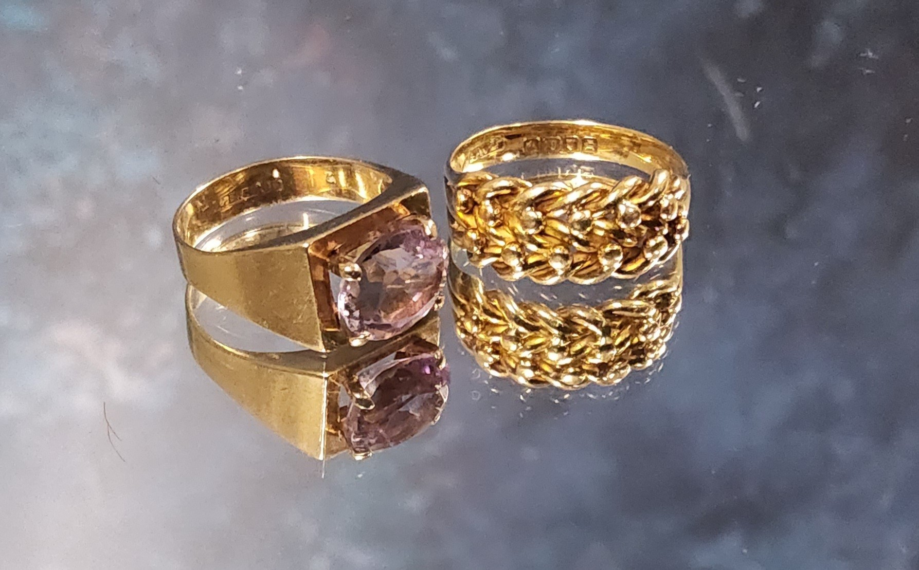 A vintage 9ct gold & amethyst ring, size L, 4g gross; a 9ct gold keepers ring, size O, 5.06g