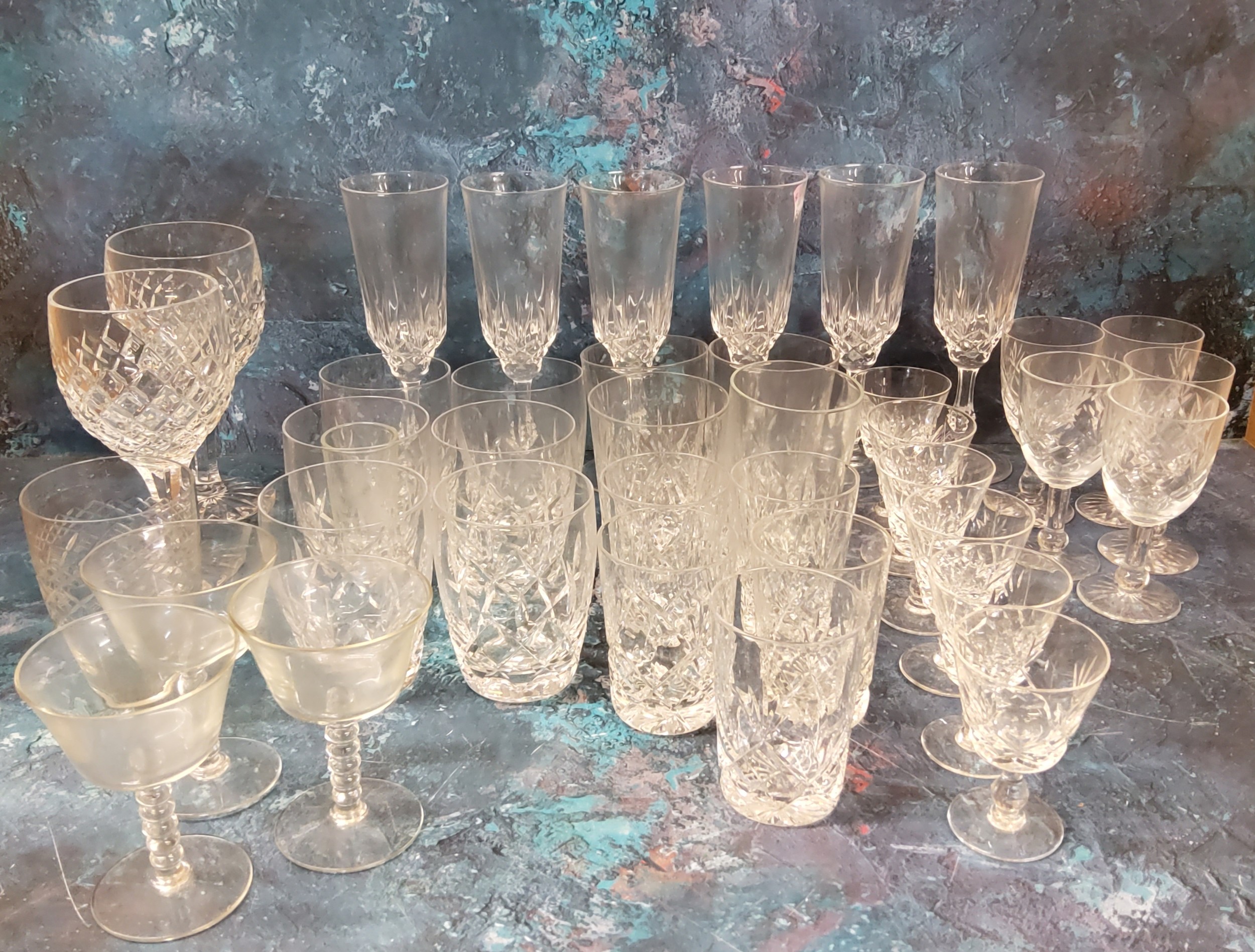 Glassware - cut glass beakers, wine glasses, sherry, etc