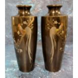 A pair of Japanese tapering cylindrical bronze vase, applied in mixed metals with long tailed