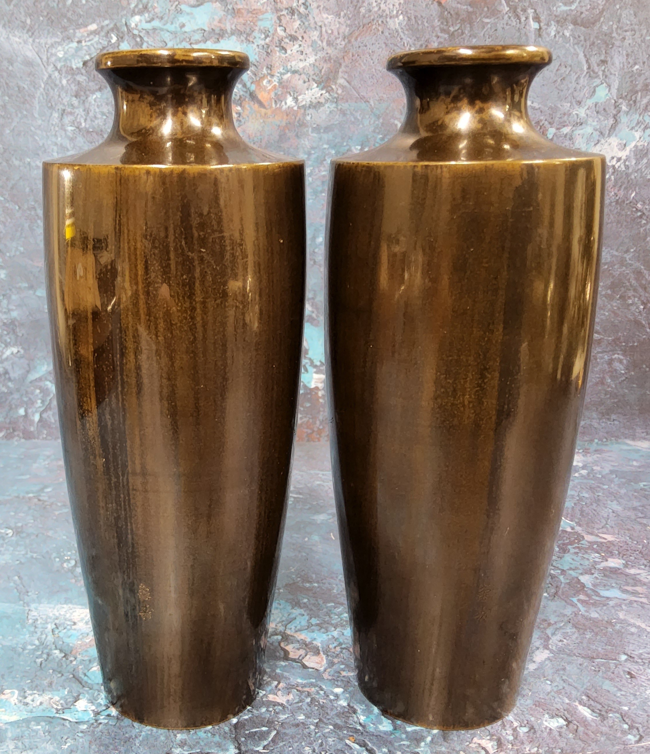 A pair of Japanese tapering cylindrical bronze vase, applied in mixed metals with long tailed - Image 3 of 3