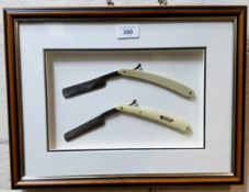 A framed barber shop display of two ivorine handled cut throat razors; Gotta and "Best Quality" 42cm