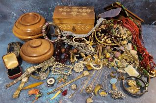 Costume jewellery including necklaces, polished tigers eye pendant, brooches, bracelets, lady's