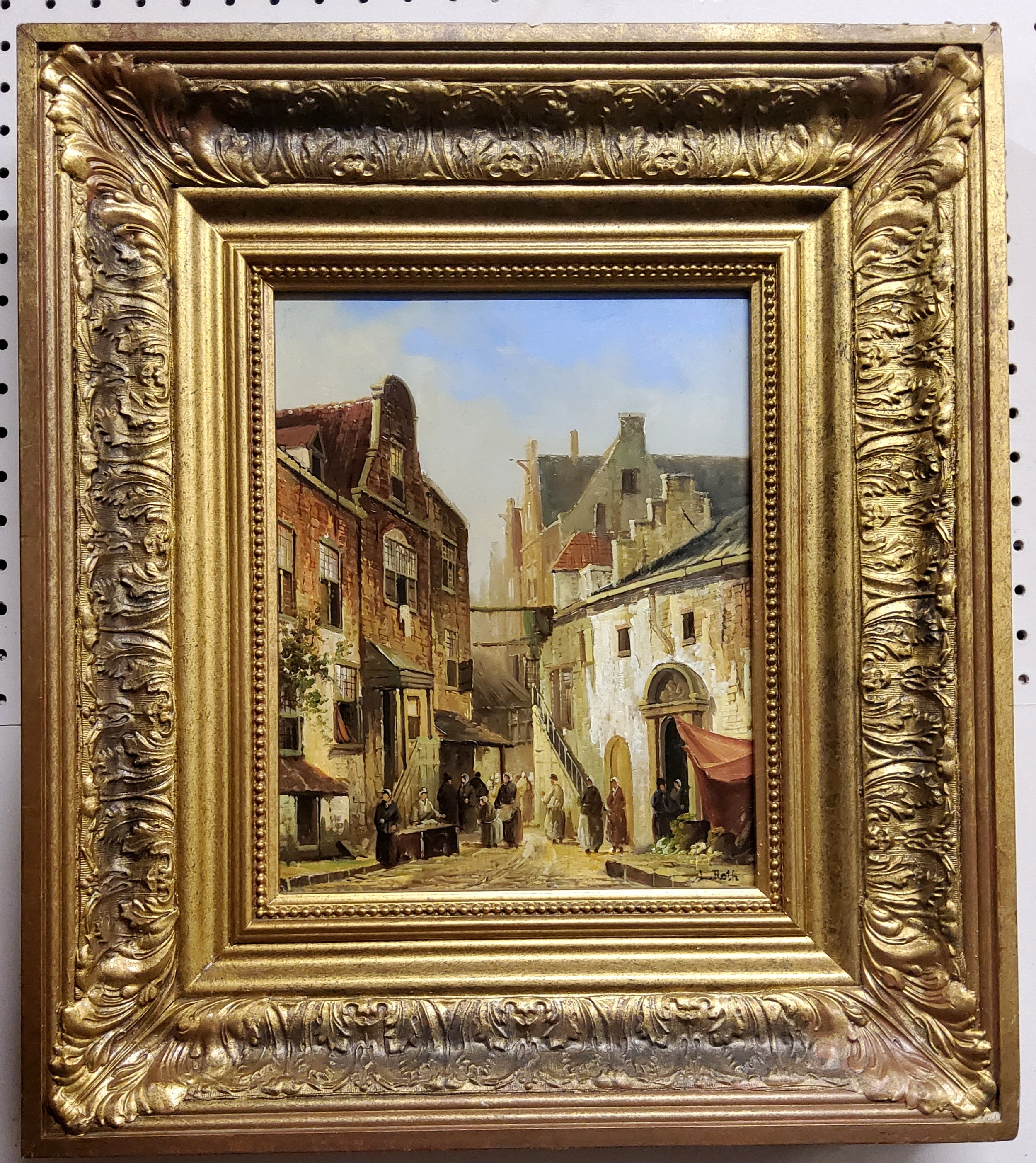 A**Roth (Dutch School, 20th century), Market Street, signed, oil on board, 24cm x 19cm