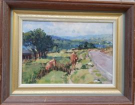 Julia Easterling, Mountain Road, Brynamon, signed, label to verso, oil on board, 17cm x 23cm