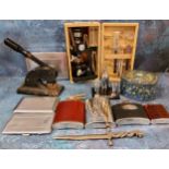 A Towa microscope, boxed;  hip flasks;  chrome plated cigarette box;  pen knives;  cast iron stamp;