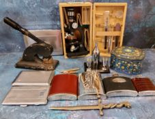 A Towa microscope, boxed;  hip flasks;  chrome plated cigarette box;  pen knives;  cast iron stamp;