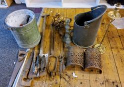 Boxes and Objects - oversize hearth tongs;  coal bucket;  wall shades;  tools;  candlesticks;  etc