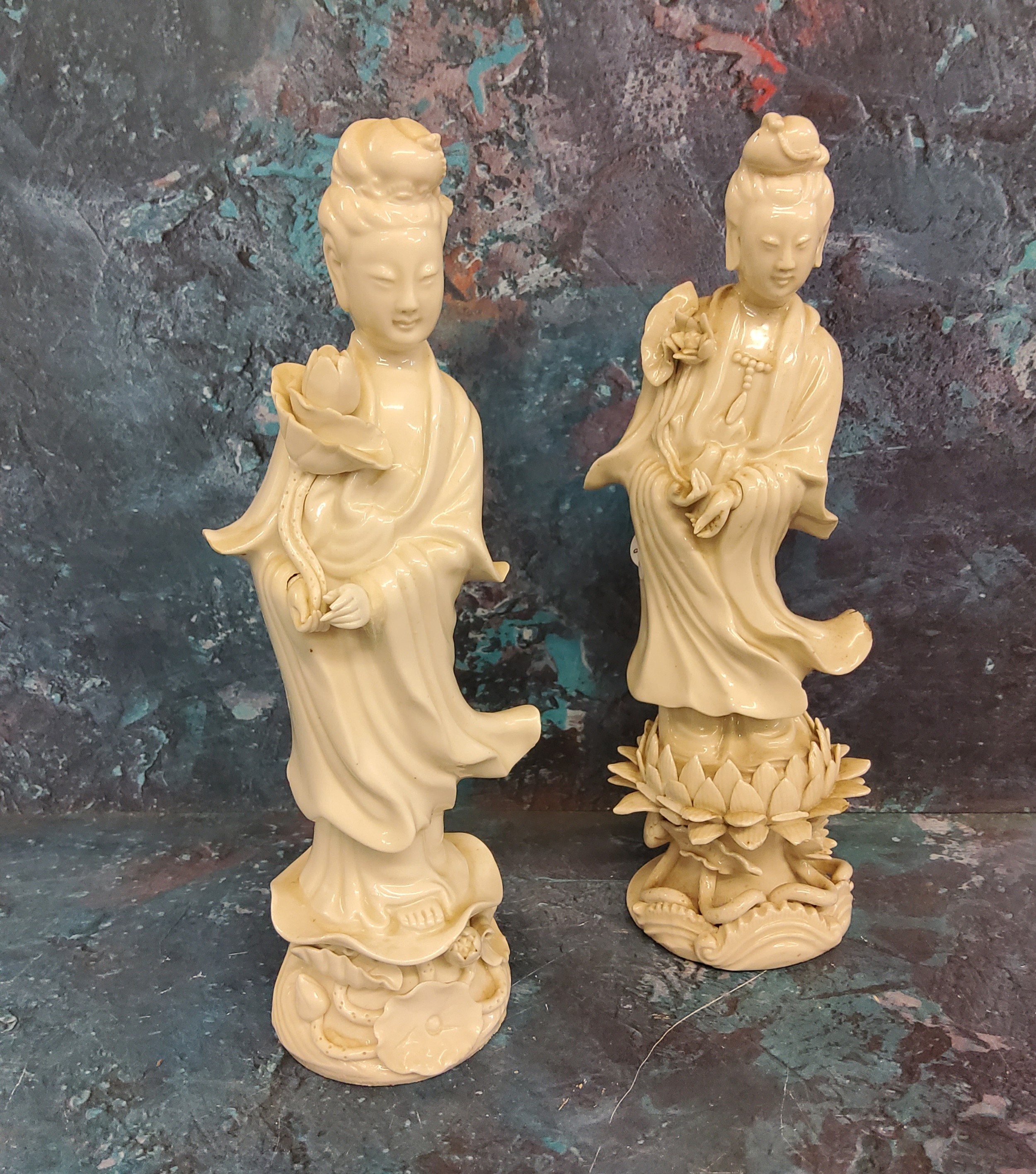 Four 19th century Blanc de Chine figure, Guanyin, standing holding a lotus, 22cm high;  another, - Image 3 of 3